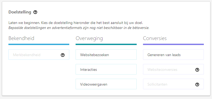Voorbeelden van de te selecteren doelstellingen binnen Social Advertising op LinkedIn 