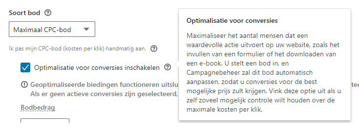 Optimalisatie voor conversies inschakelen bij een maximaal CPC bod binnen Social Advertising op LinkedIn 