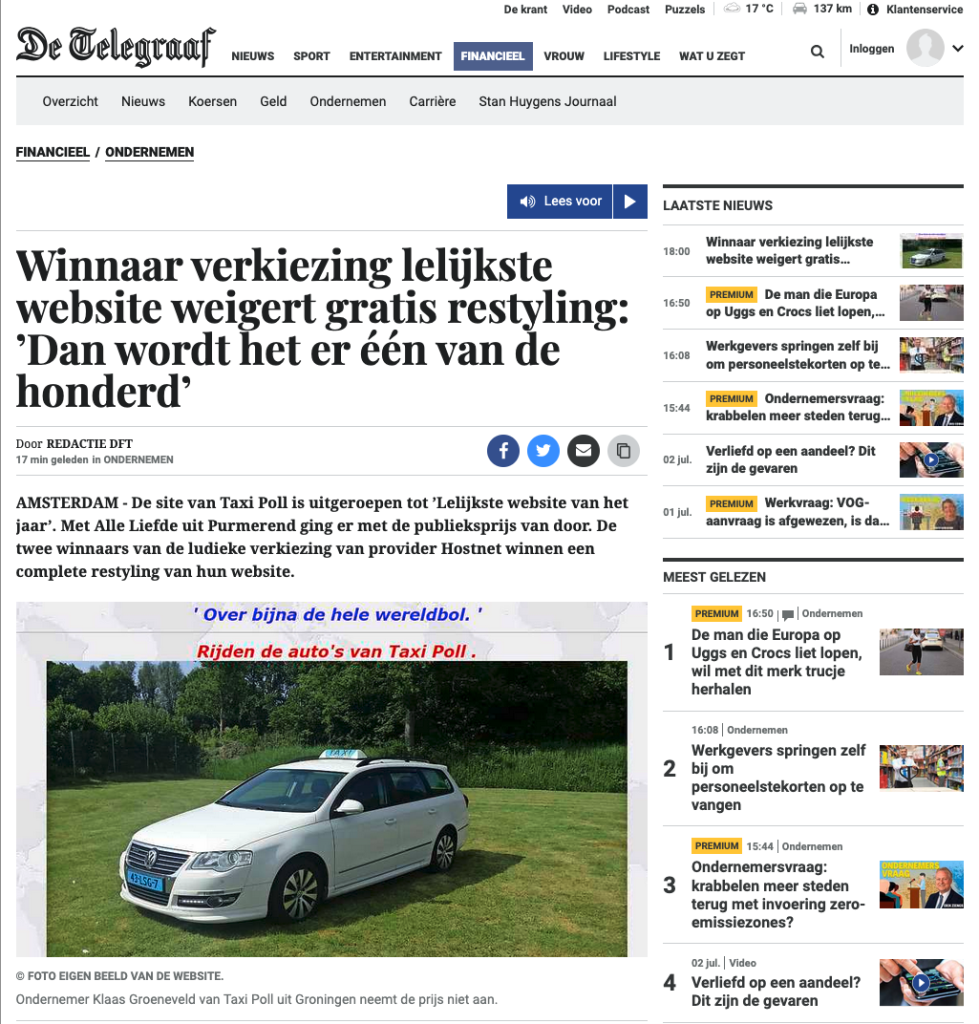 Screenshot campagne Hostnet op website van Telegraaf