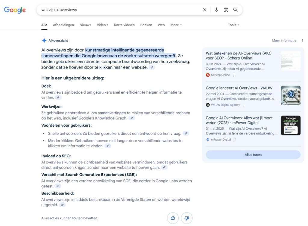 Screenshot van Google AI overviews naar aanleiding van zoekopdracht