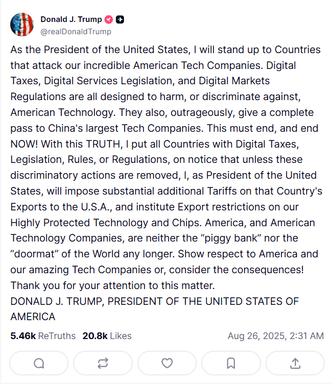 Truth Social post Trump over DIgital Services Act 