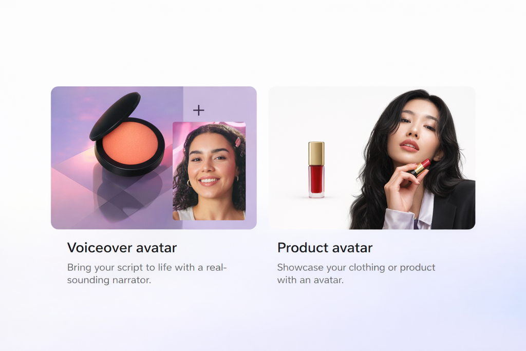 Alt-tekst: "Twee verschillende AI-avataropties: een voiceover-avatar om een script tot leven te brengen met een realistische verteller, en een product-avatar om kleding of producten te tonen met een avatar. De eerste afbeelding toont een blush-product, terwijl de tweede een model toont dat een lipstick vasthoudt.