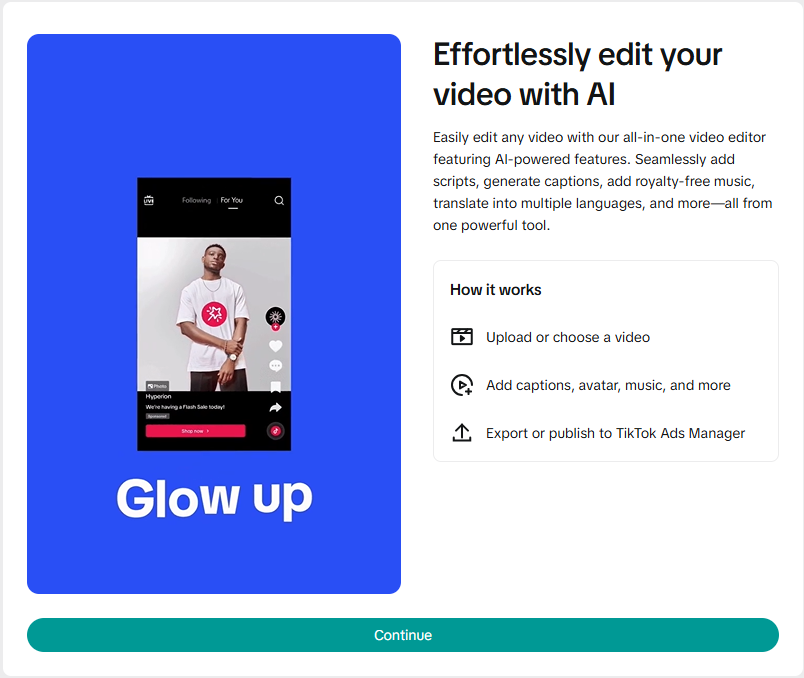 Afbeelding van een TikTok-video in de editor, met een man die een wit T-shirt draagt en tekst onderaan de video zegt 'We're having a Flash Sale today'. De afbeelding heeft een blauwe achtergrond met de tekst 'Glow up' en toont de verschillende functies van een AI-video-editor die scripts, ondertitels, royaltyvrije muziek kan toevoegen en vertalingen kan genereren.