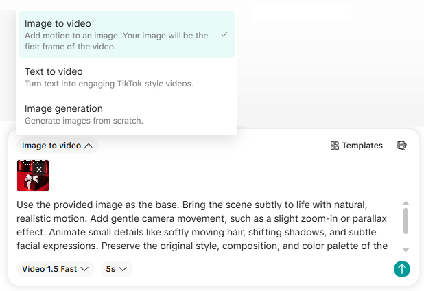 Screenshot van TikTok Symphony Creative Studio voor videomaker-tools met een keuzemenu waarin “Image to video” is geselecteerd. Andere opties zijn “Text to video” en “Image generation”. Onderin staat een voorbeeldafbeelding en een tekstveld met instructies om een afbeelding subtiel te animeren met natuurlijke beweging, lichte camerabeweging en kleine details. Er zijn instellingen zichtbaar voor videosnelheid en duur (5 seconden).