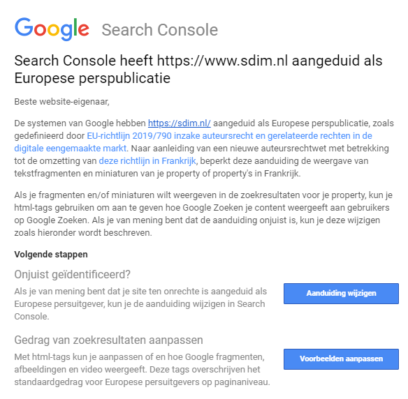 Screenshot van Google mail over aanduiding Europese perspublciatie